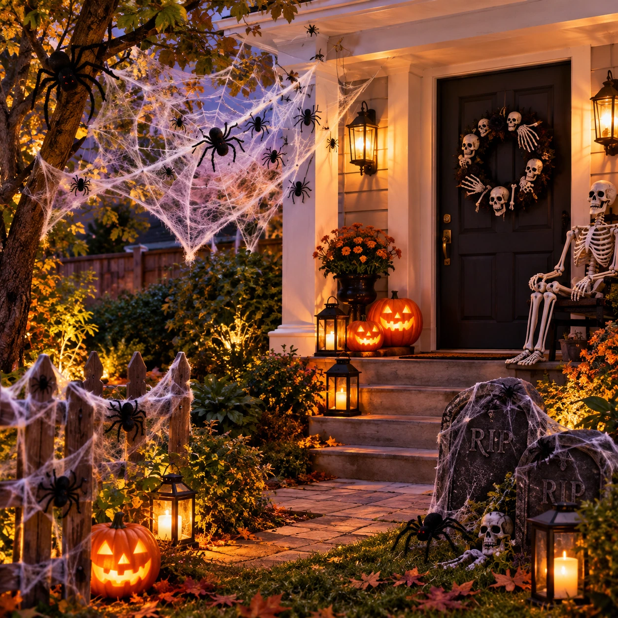 Halloweeni veranda és kert pókhálókkal, pókokkal és csontvázzal