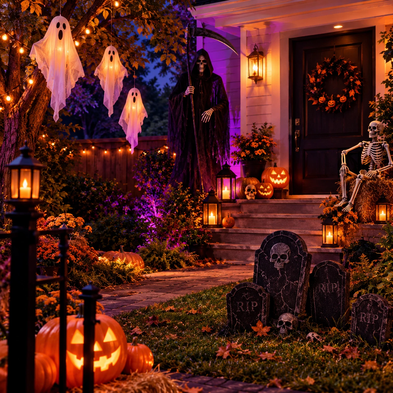Halloweeni kert függő szellemekkel és a kaszással