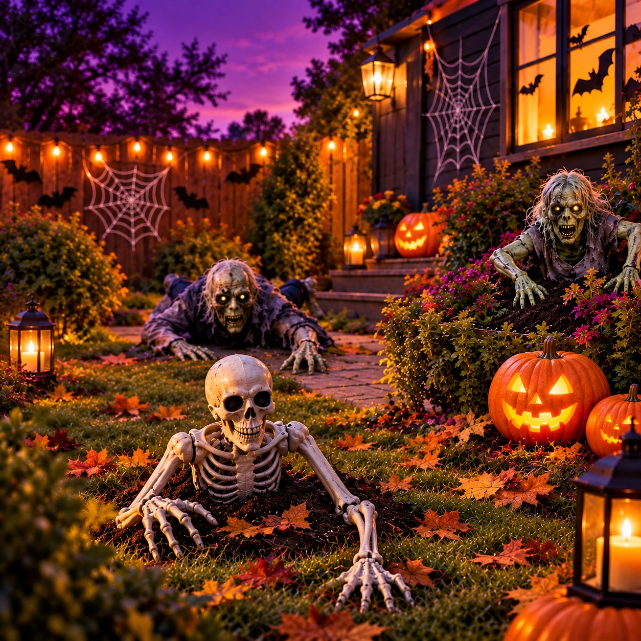 Halloweeni kert csontvázzal, zombikkal és világító tökökkel