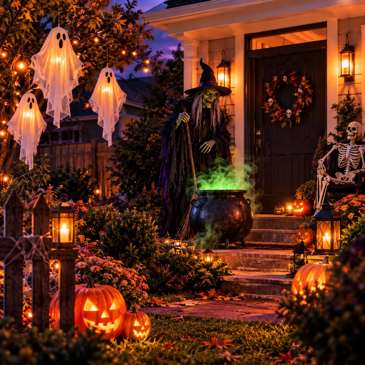 Halloweeni veranda boszorkánnyal, szellemekkel és világító tökökkel
