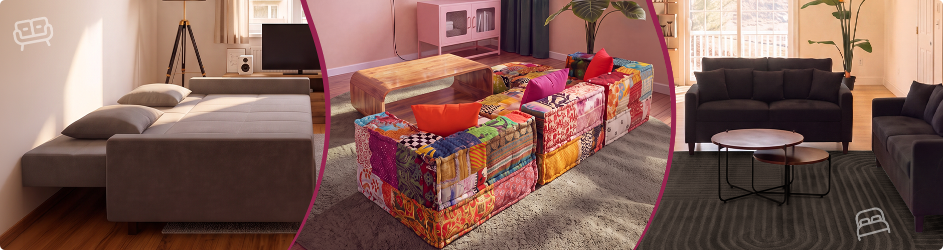 Kollázs három kanapéstílussal: modern nappali sötét kanapékkal, színes patchwork moduláris kanapé dohányzóasztal körül, valamint szürke, teljesen kihúzott kanapéágy. Kattints a kanapék kollekciójának megtekintéséhez.