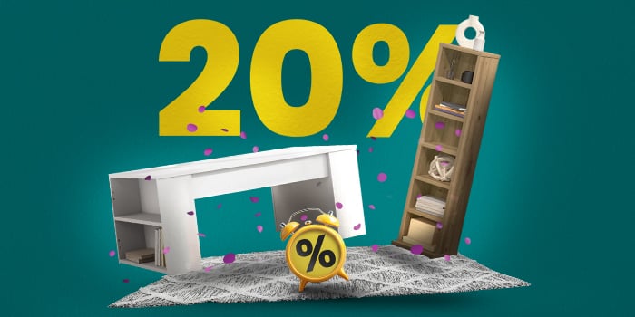 Banner egy asztallal, TV konzollal, szőnyeggel és ébresztőórával, nagy sárga „20%” felirattal.