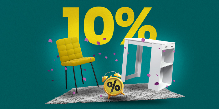 Banner egy asztallal, székkel, szőnyeggel és ébresztőórával, nagy sárga „10%” felirattal.