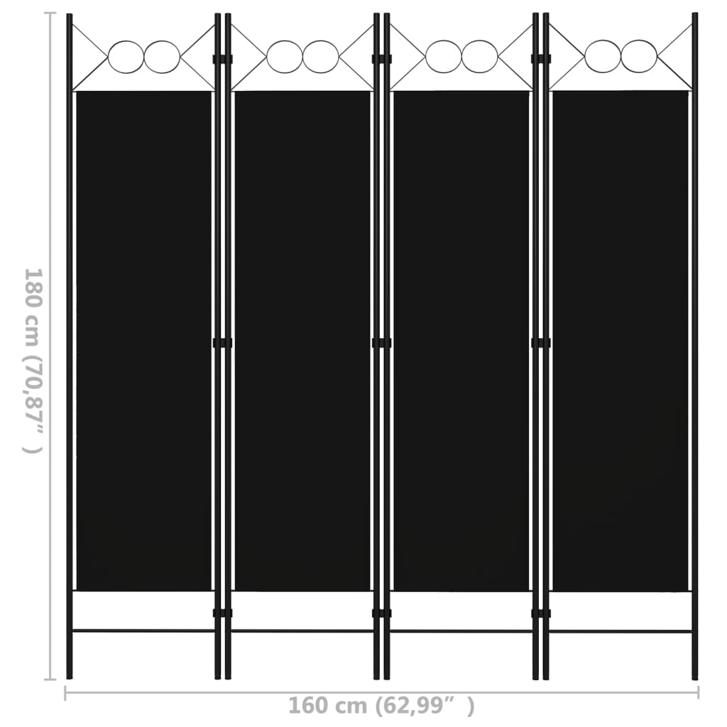 vidaXL fekete 4 paneles paraván 160 x 180 cm