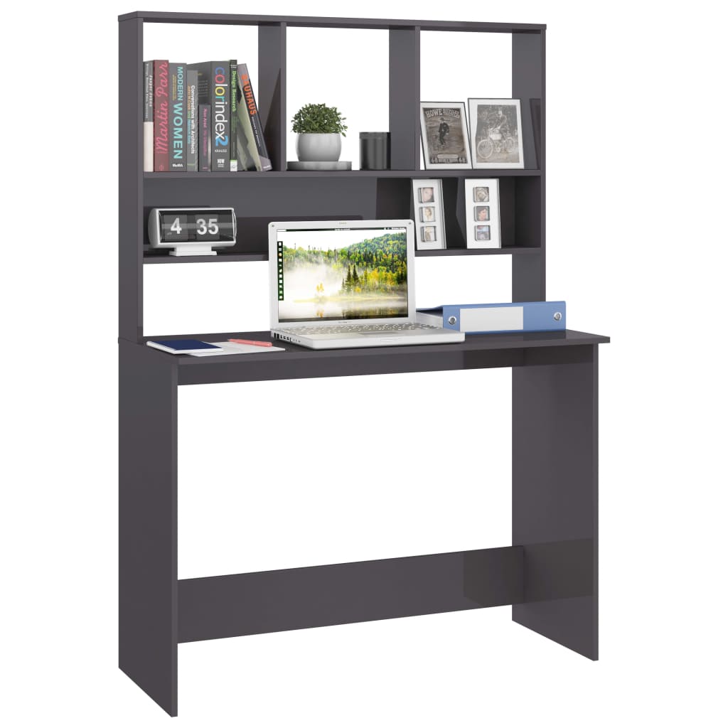 vidaXL magasfényű szürke forgácslap íróasztal polcokkal 110x45x157 cm