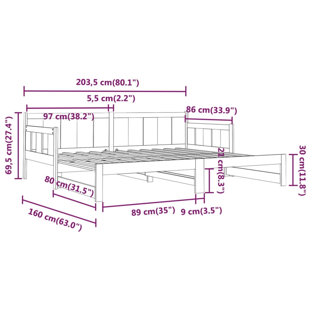 vidaXL tömör fenyőfa kihúzható kanapéágy 2 x (80 x 200) cm