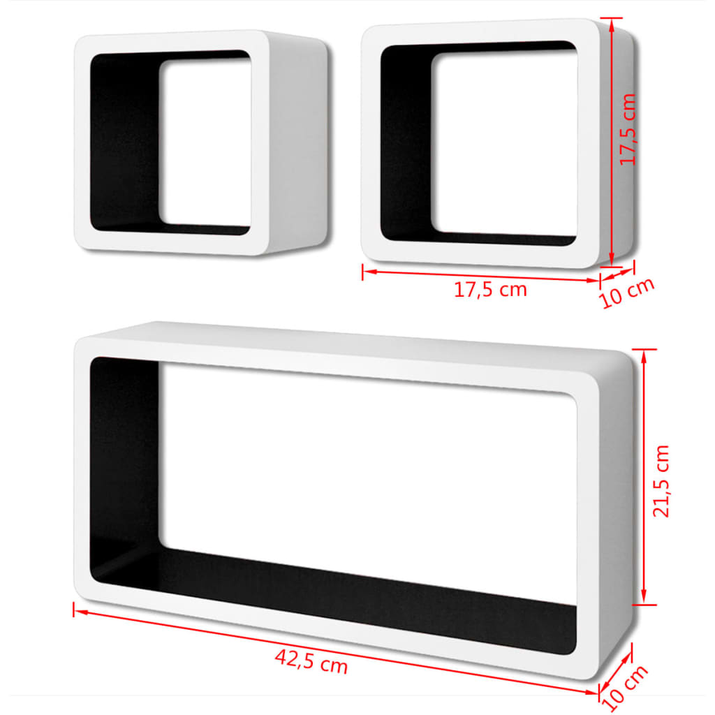 3 négyszögű fehér-fekete MDF lebegő fali könyvpolc/DVD tároló