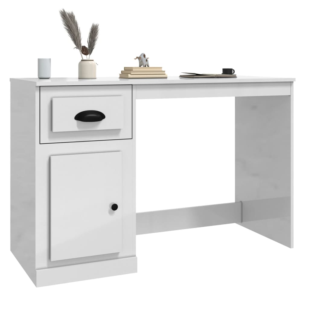 vidaXL magasfényű fehér szerelt fa íróasztal fiókkal 115x50x75 cm