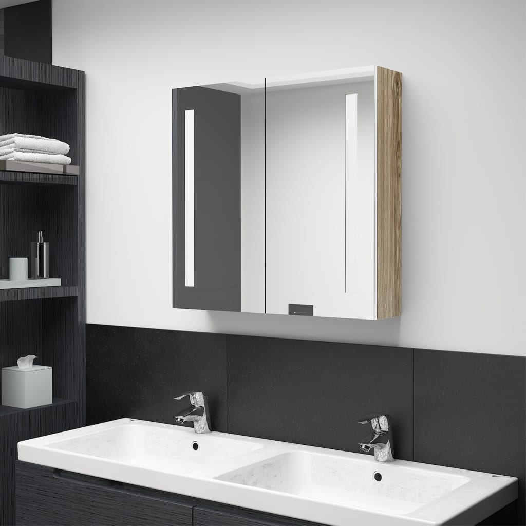 vidaXL fehér, tölgyszínű LED-es tükrös fürdőszobaszekrény 62x14x60 cm