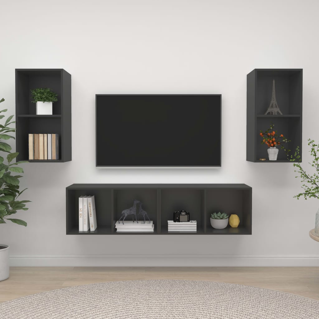 vidaXL 4 db szürke forgácslap falra szerelhető TV-szekrény