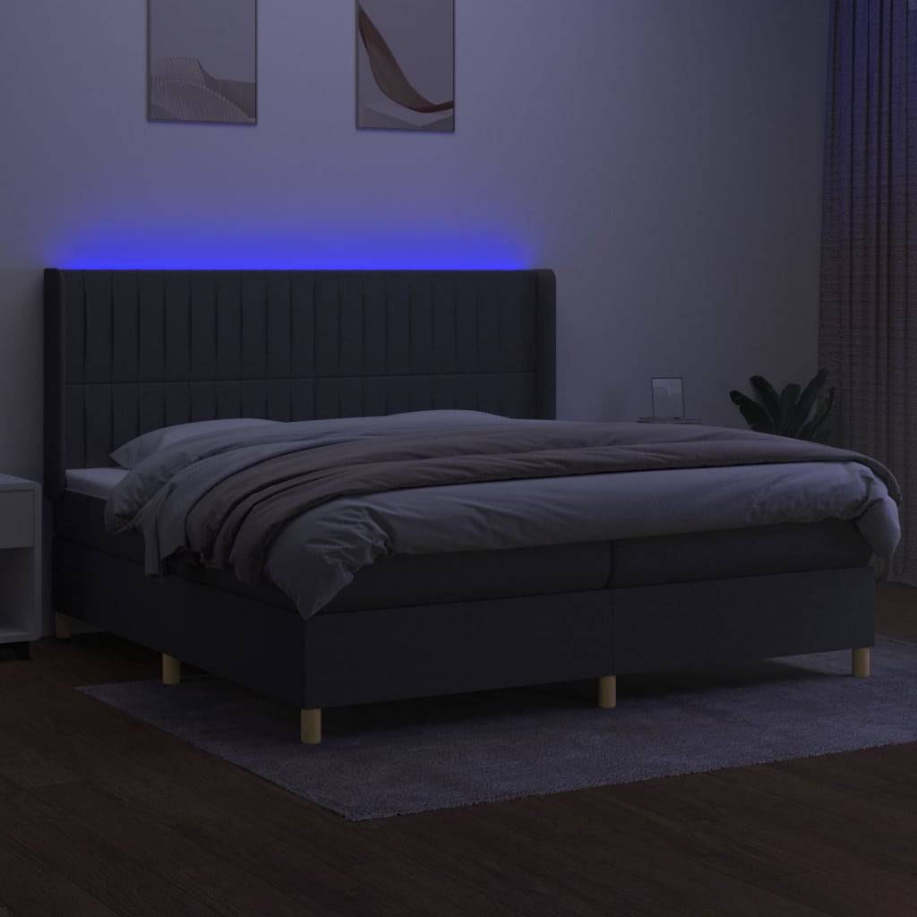 vidaXL sötétszürke szövet rugós és LED-es ágy matraccal 200x200 cm