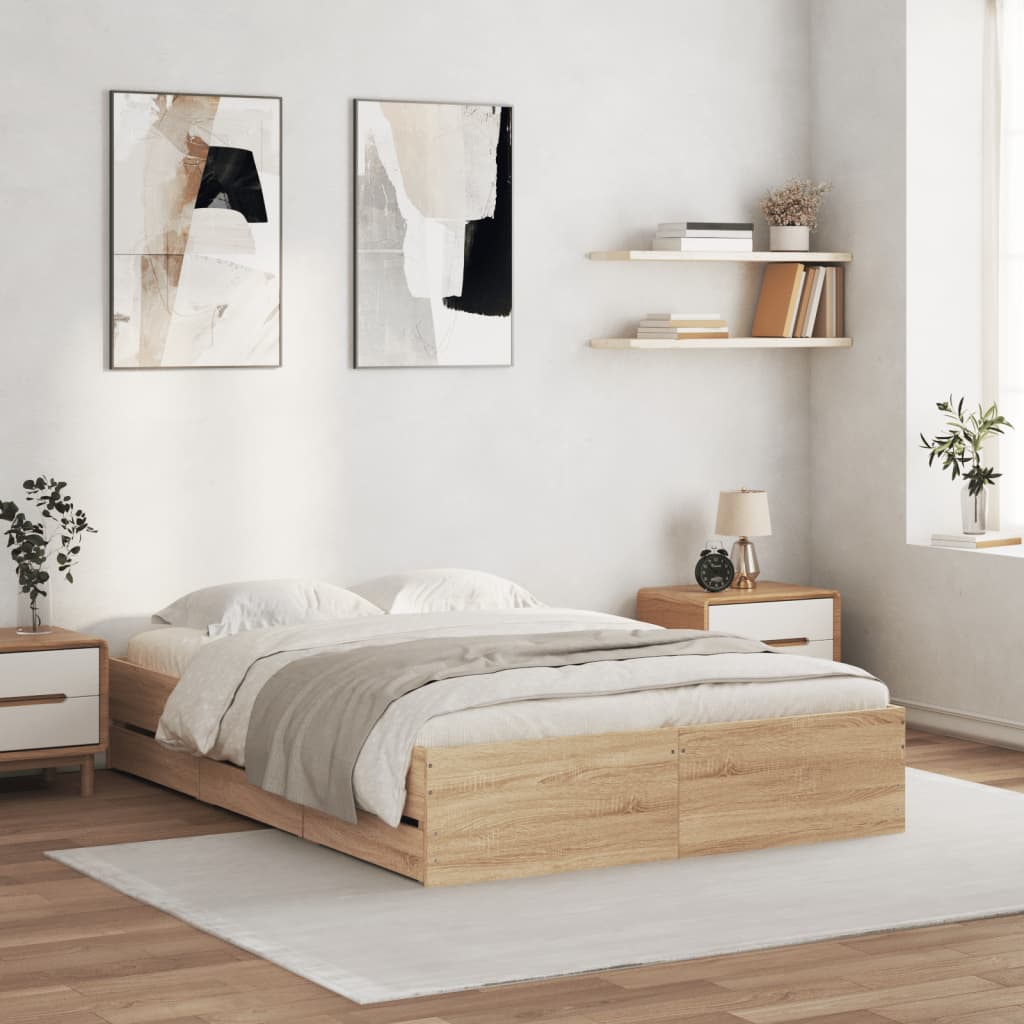 vidaXL sonoma-tölgyszínű szerelt fa ágykeret fiókokkal 120 x 190 cm