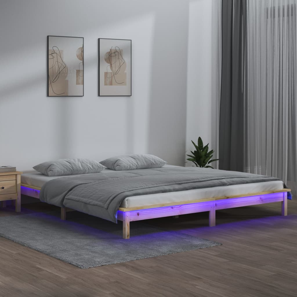 vidaXL tömör fa ágykeret LED-világítással 200 x 200 cm
