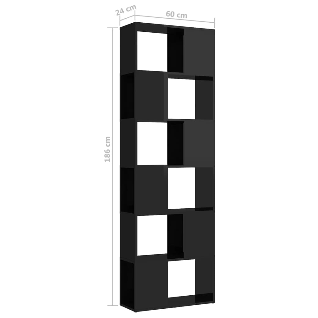 vidaXL magasfényű fekete térelválasztó könyvszekrény 60 x 24 x 186 cm