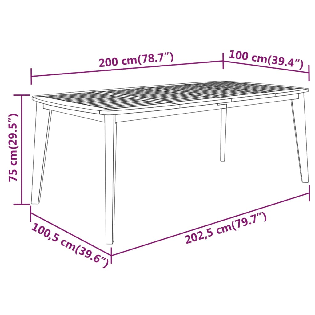 vidaXL tömör akácfa kerti asztal 200 x 100 x 75 cm
