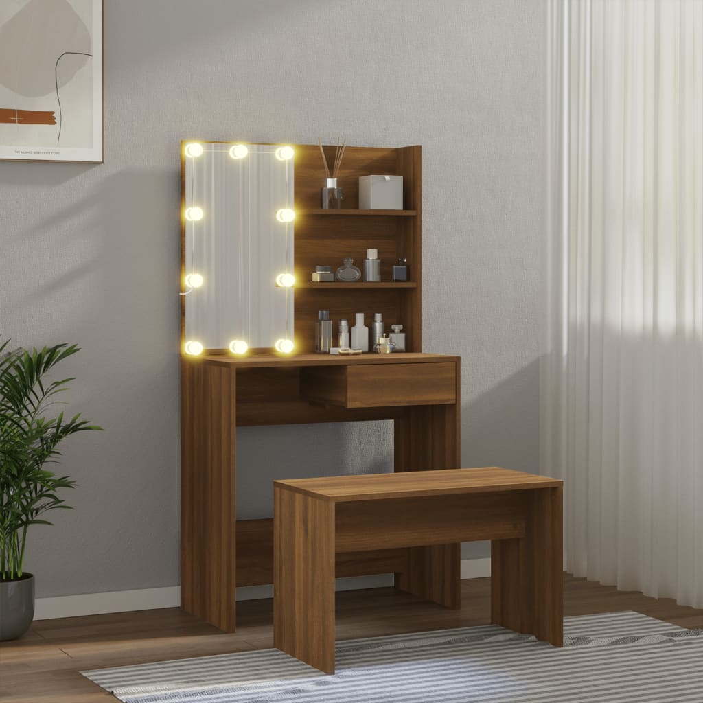 vidaXL barna tölgy színű szerelt fa fésülködőasztal-szett LED-ekkel