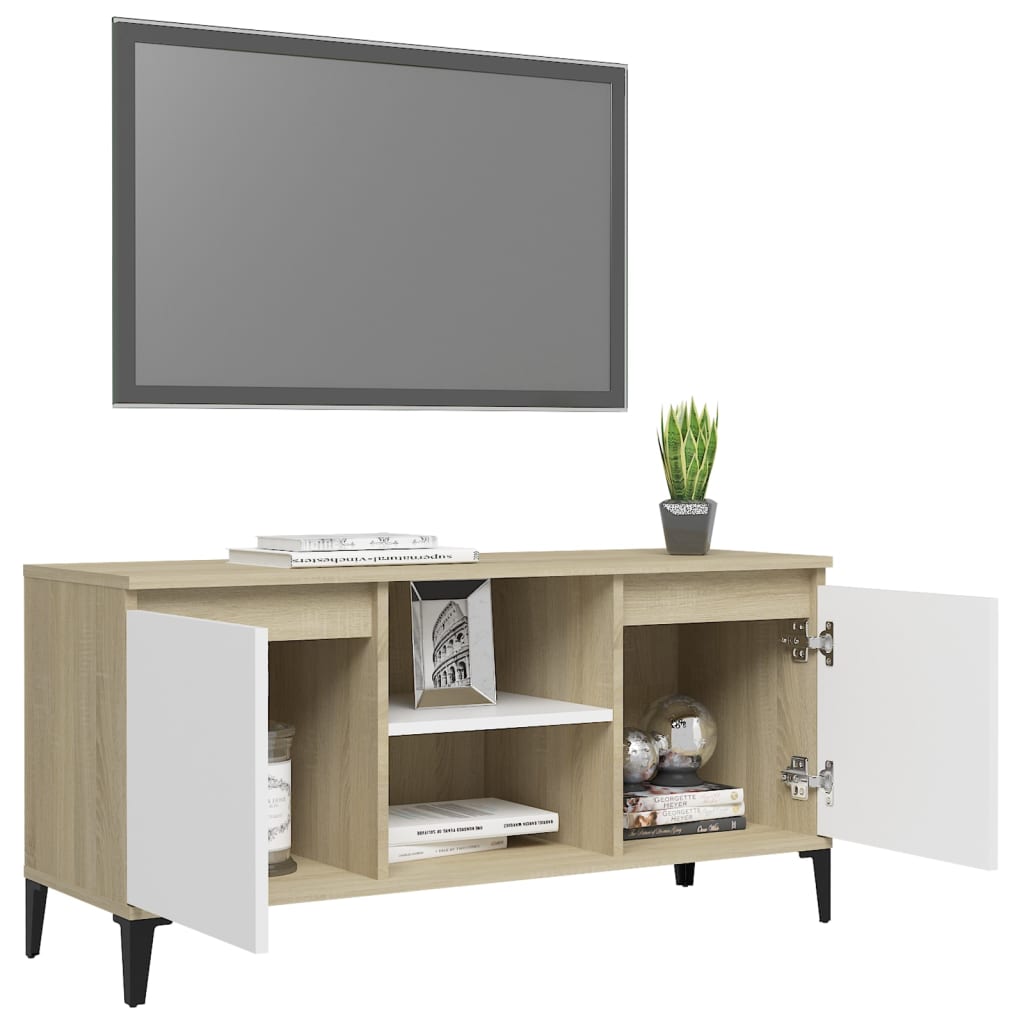 vidaXL fehér és sonoma-színű TV-szekrény fémlábakkal 103,5x35x50 cm
