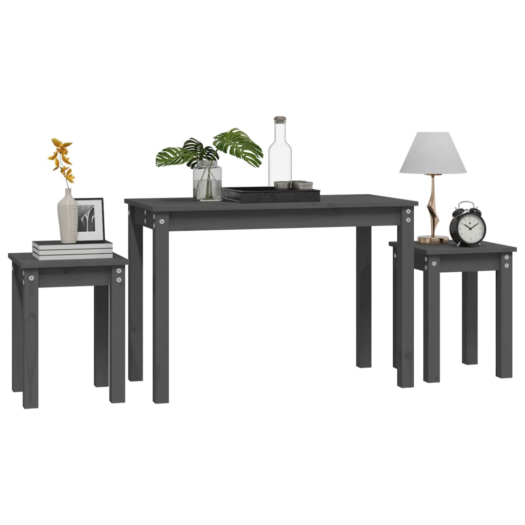 vidaXL 3 db szürke tömör fenyőfa rakásolható asztal