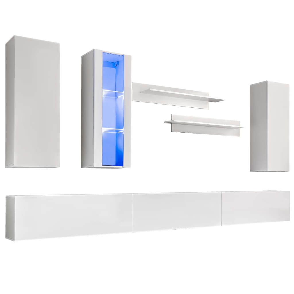 vidaXL 8-részes magasfényű fehér fali TV-szekrény LED-fényekkel