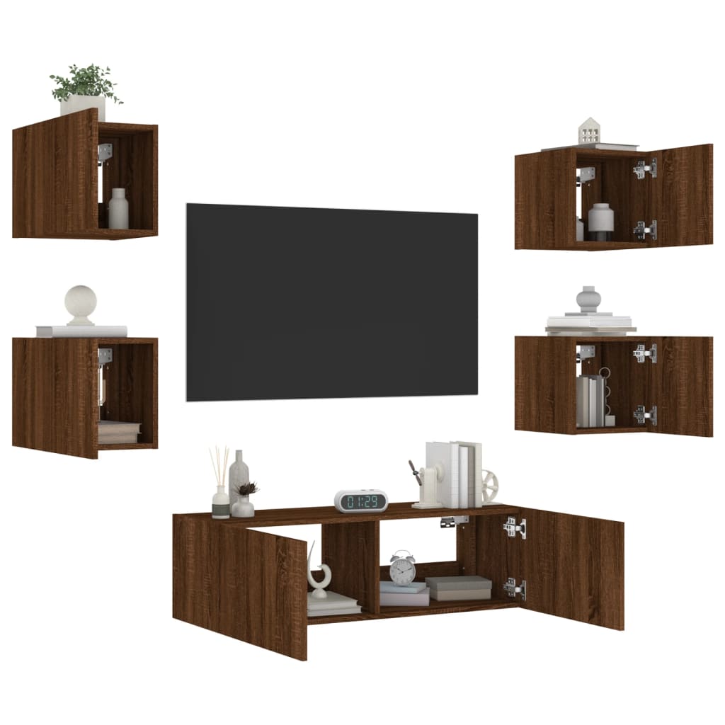 vidaXL 5 darab barna tölgyszínű falra szerelhető TV-szekrény LED-del