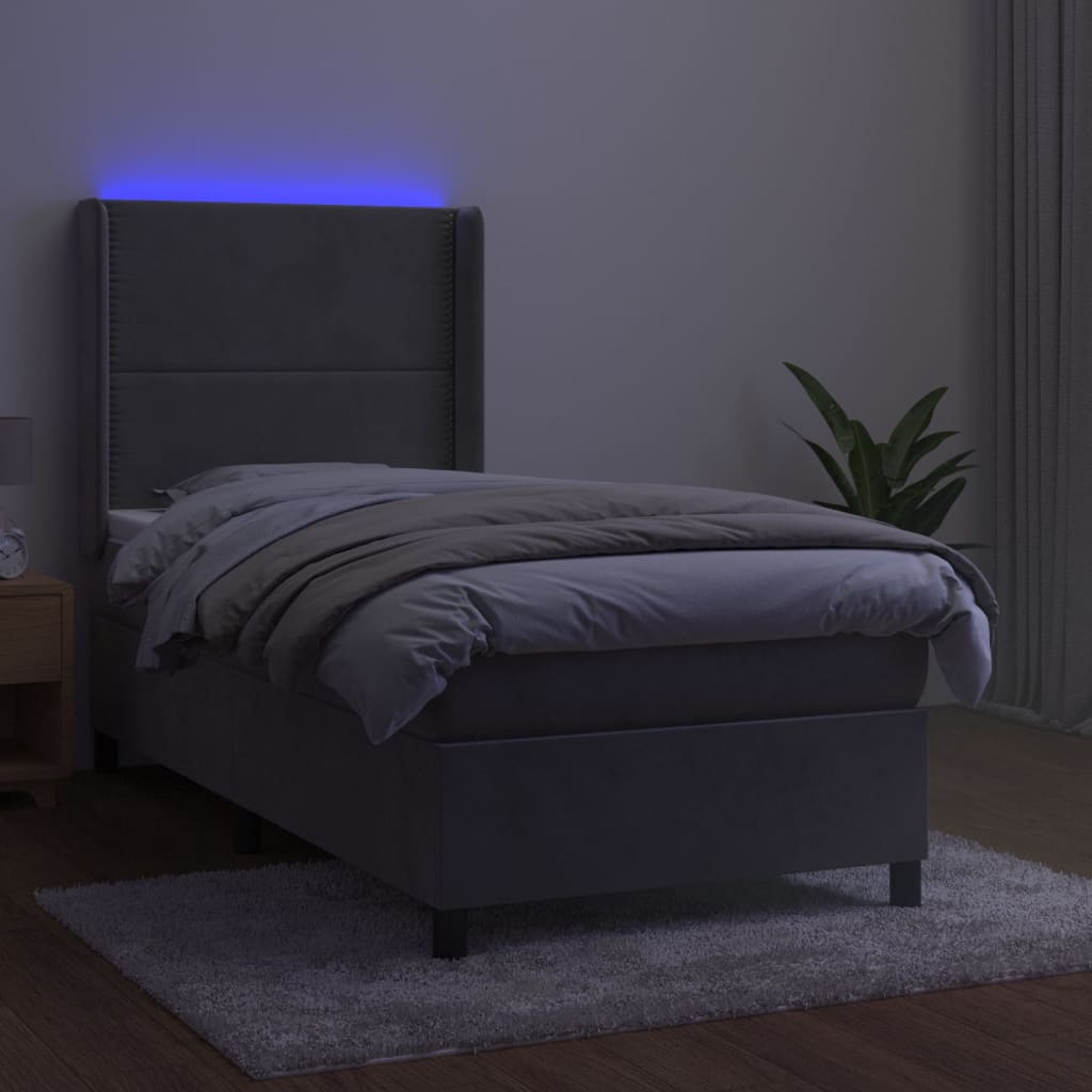 vidaXL világosszürke bársony rugós és LED-es ágy matraccal 90x200 cm