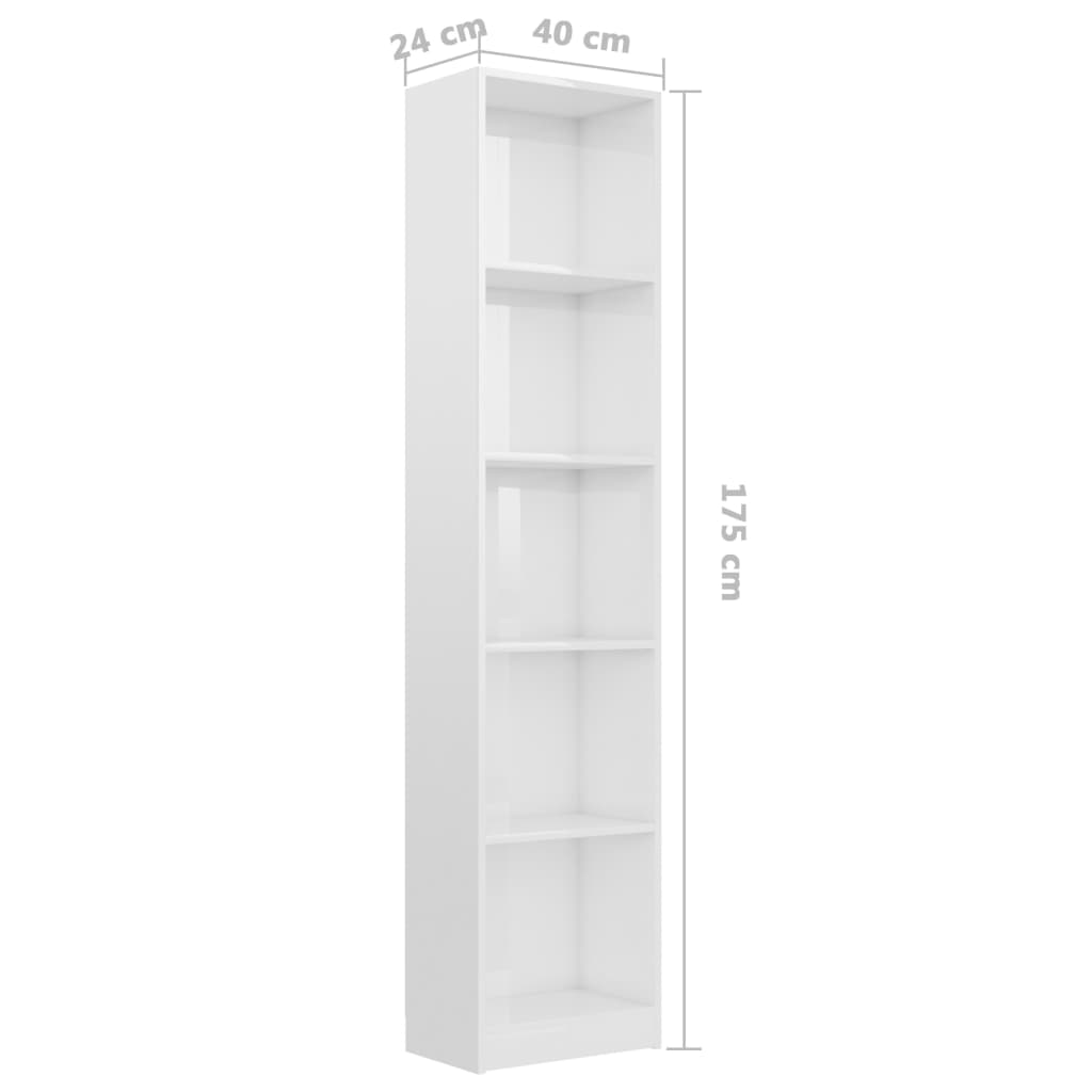 vidaXL 5-szintes magasfényű fehér forgácslap könyvszekrény 40x24x175cm