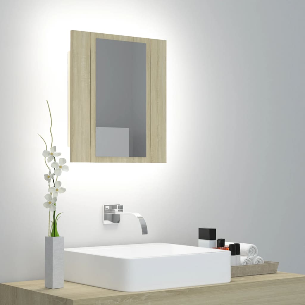 vidaXL tölgyszínű akril LED-es tükrös fürdőszobaszekrény 40x12x45 cm