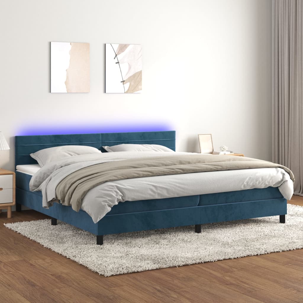vidaXL sötétkék bársony rugós és LED-es ágy matraccal 200x200 cm