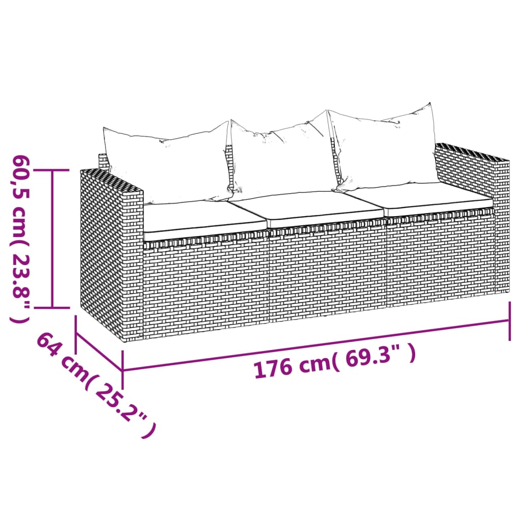 vidaXL 3 személyes szürke polyrattan kerti kanapé párnával