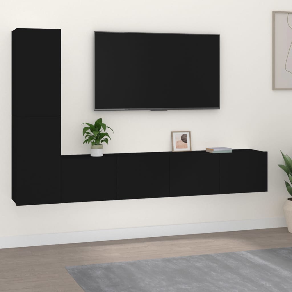 vidaXL 4 részes fekete szerelt fa TV-szekrényszett