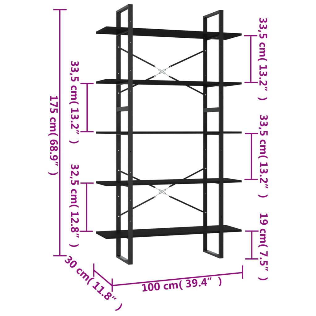 vidaXL 5 szintes fekete szerelt fa könyvszekrény 100 x 30 x 175 cm