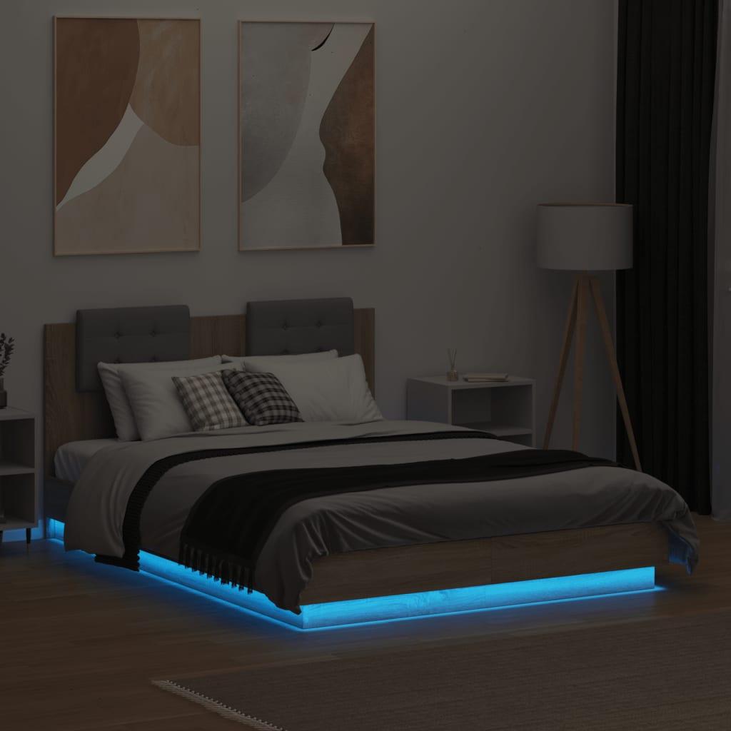 vidaXL sonoma tölgy színű ágykeret fejtámlával és LED-ekkel 135x190 cm