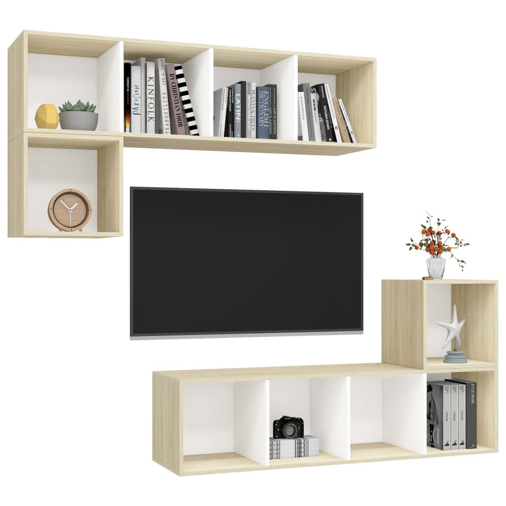 vidaXL 4 részes fehér és tölgyszínű forgácslap TV-szekrény szett
