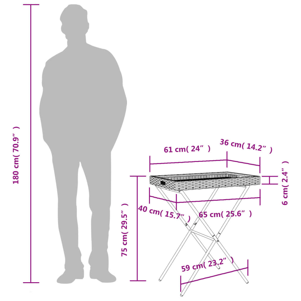 vidaXL bézs összecsukható polyrattan tálcaasztal 65 x 40 x 75 cm