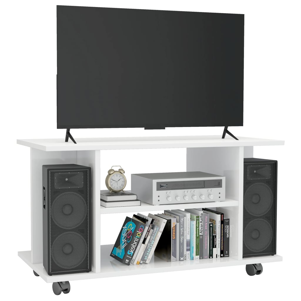 vidaXL magasfényű fehér szerelt fa TV-szekrény görgőkkel 80x40x45 cm