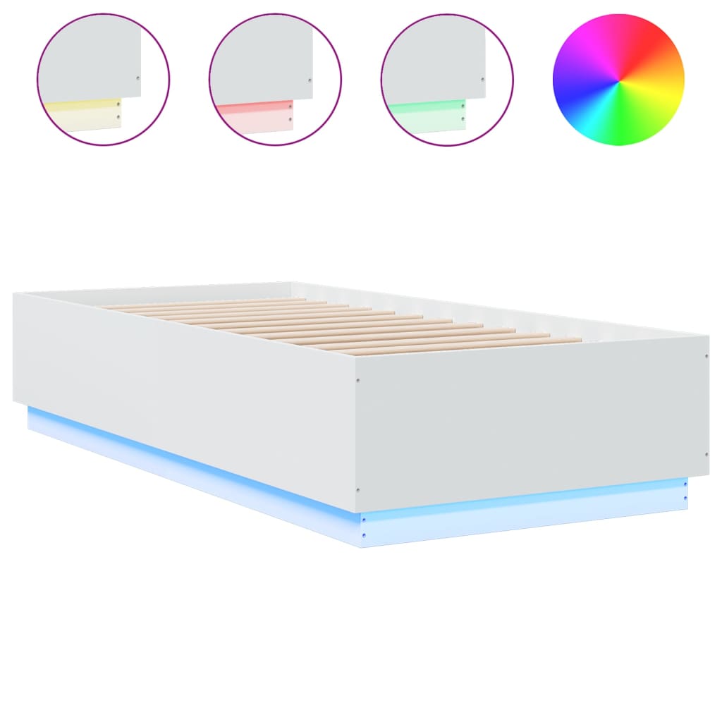 vidaXL fehér szerelt fa ágykeret LED-del 90 x 200 cm