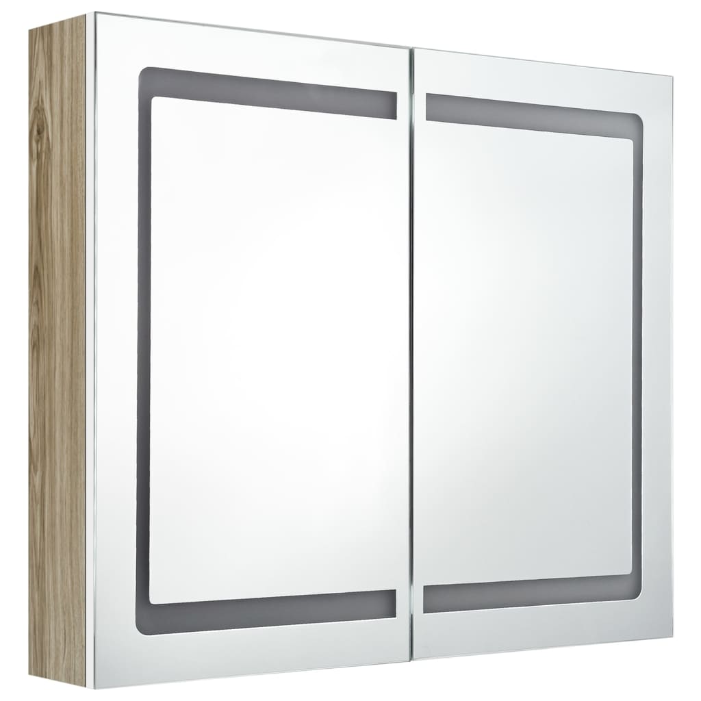 vidaXL fehér, tölgyszínű LED-es tükrös fürdőszobaszekrény 80x12x68 cm