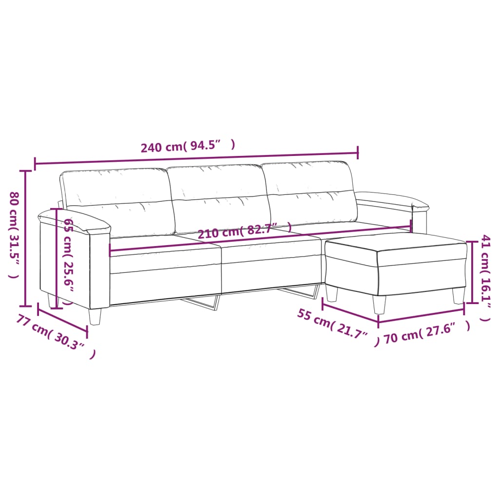 vidaXL 3 személyes világosszürke mikroszálas kanapé lábtartóval 210 cm