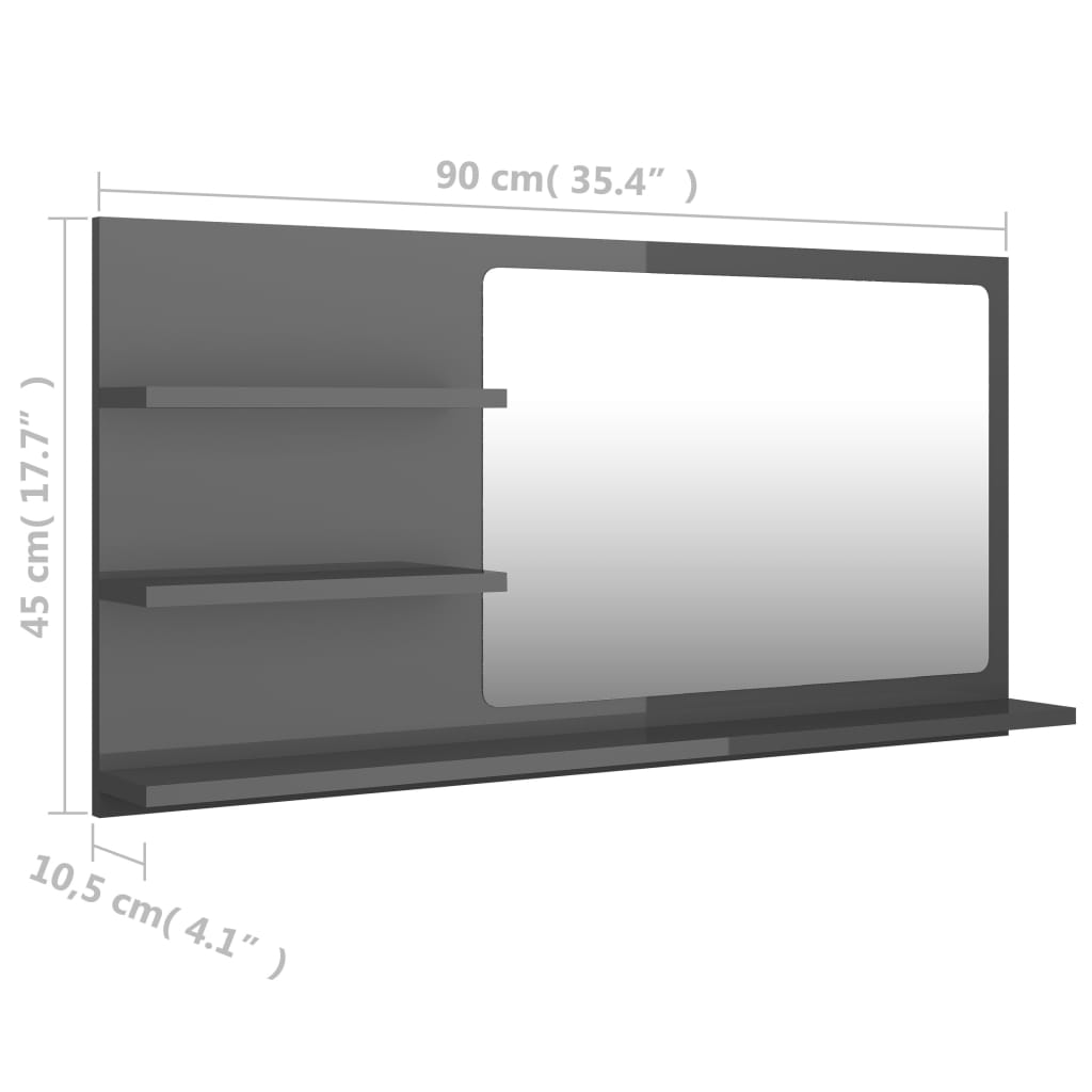 vidaXL magasfényű szürke forgácslap fürdőszobai tükör 90x10,5x45 cm