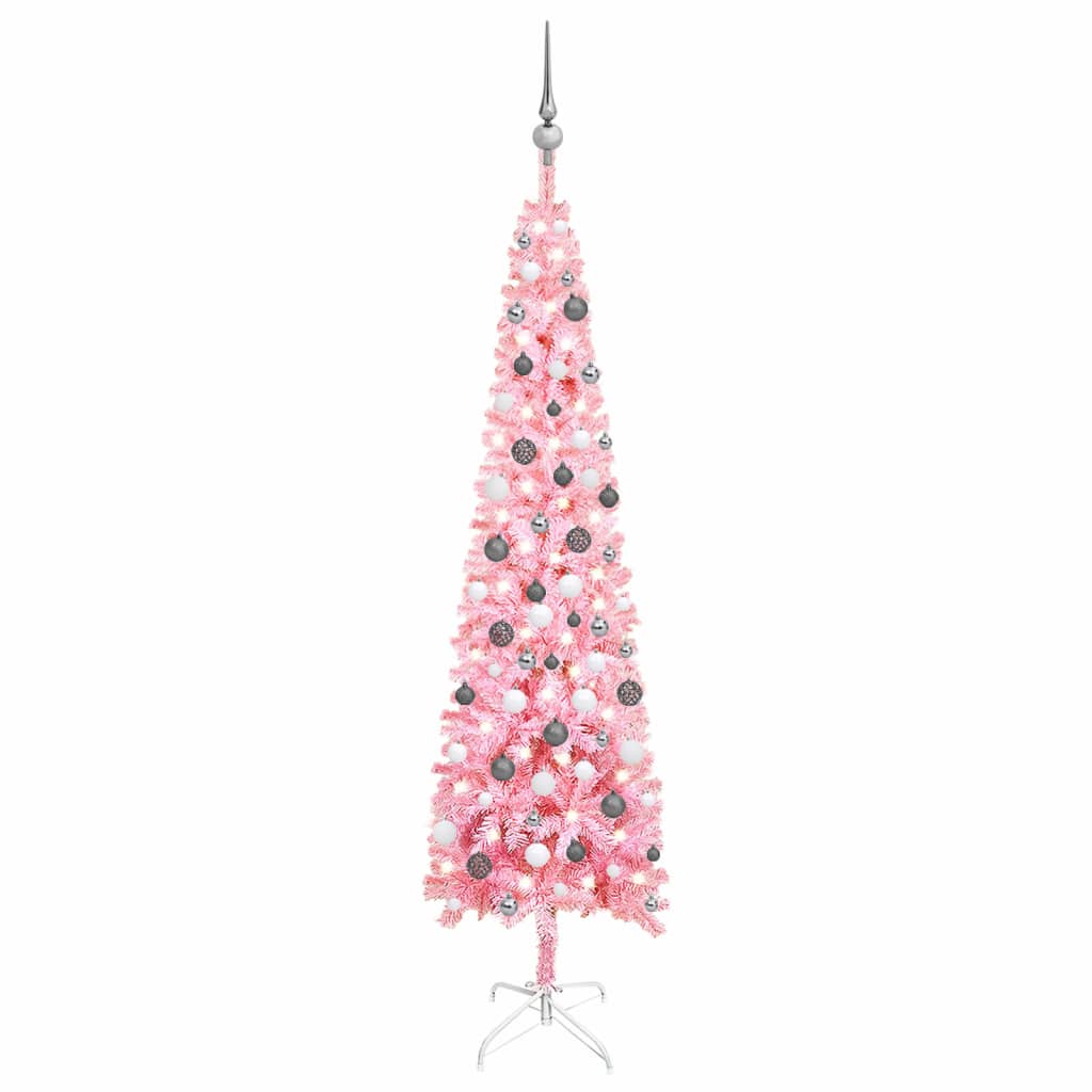 vidaXL rózsaszín megvilágított vékony műkarácsonyfa gömb szettel 210cm