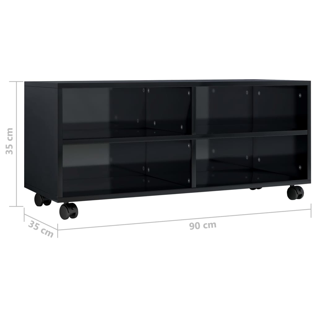 vidaXL magasfényű fekete forgácslap TV-szekrény görgőkkel 90x35x35 cm
