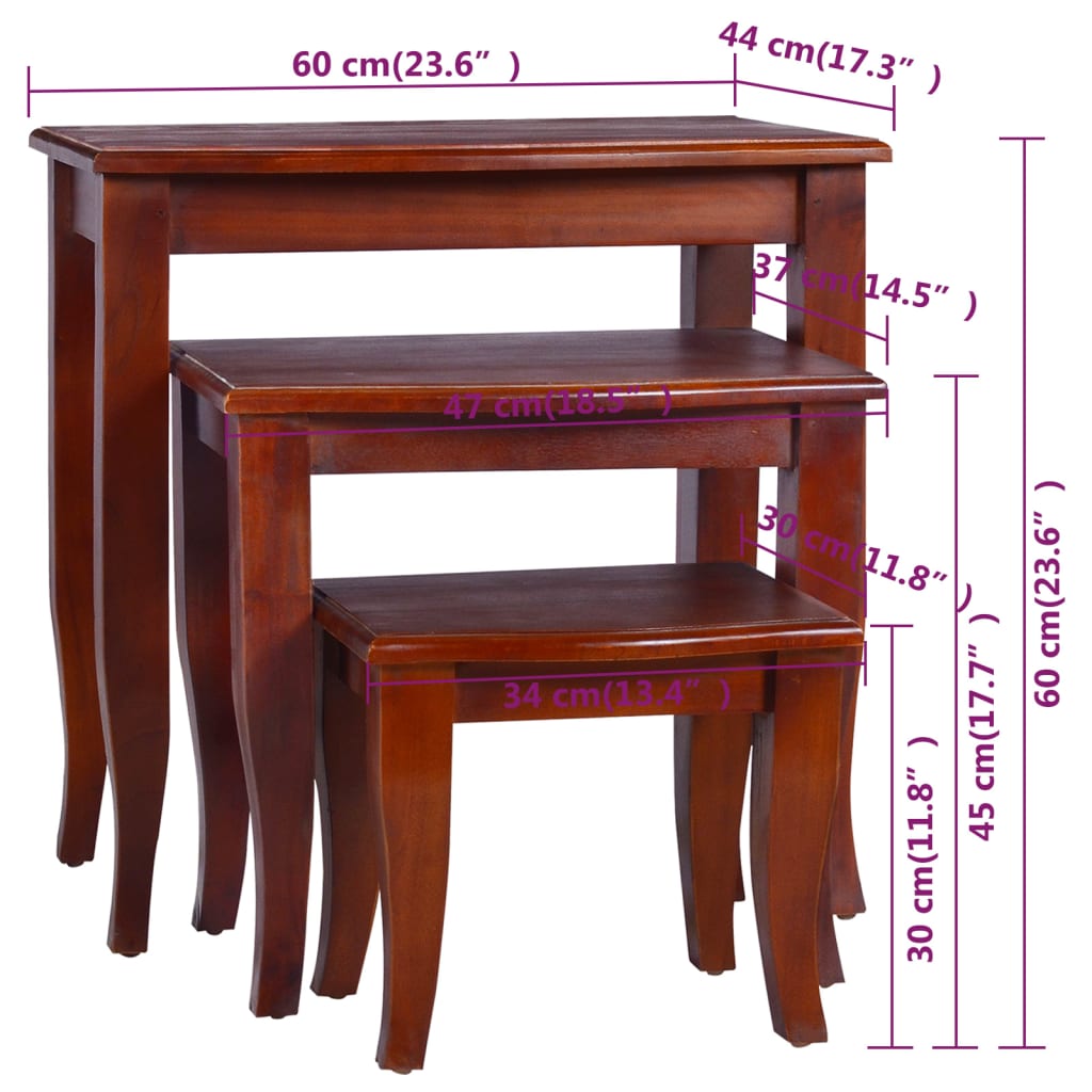 vidaXL 3 db klasszikus barna tömör mahagóni egymásba tolható kisasztal