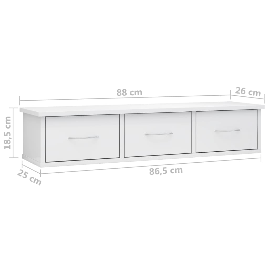 vidaXL magasfényű fehér falra szerelhető forgácslap fiókos polc 88x26x18,5 cm