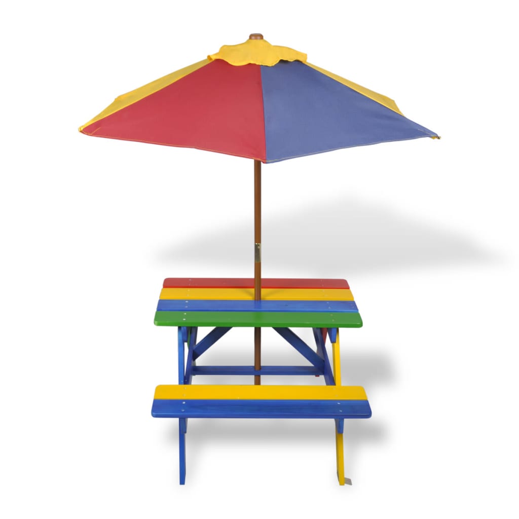vidaXL színes fa gyerek piknikasztal paddal és napernyővel