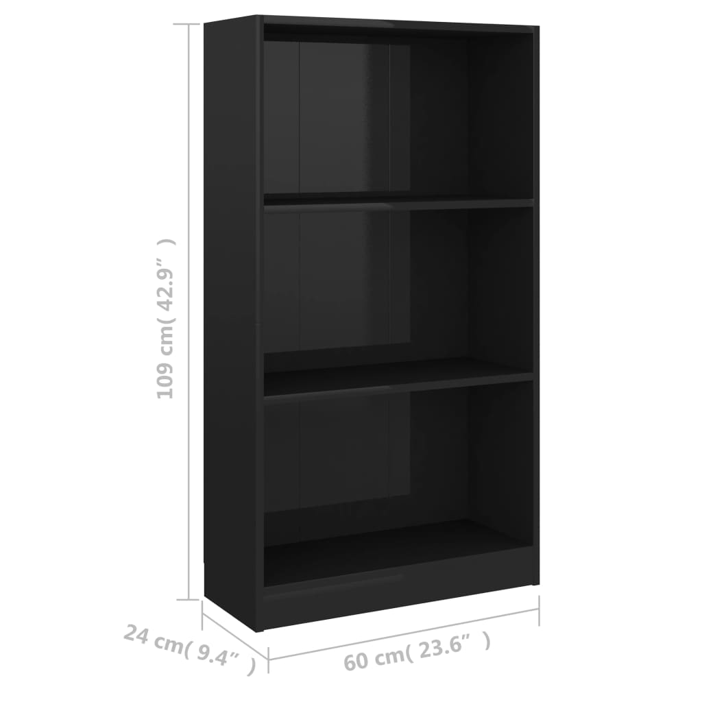 vidaXL 3 szintes fényes fekete szerelt fa könyvszekrény 60x24x109cm