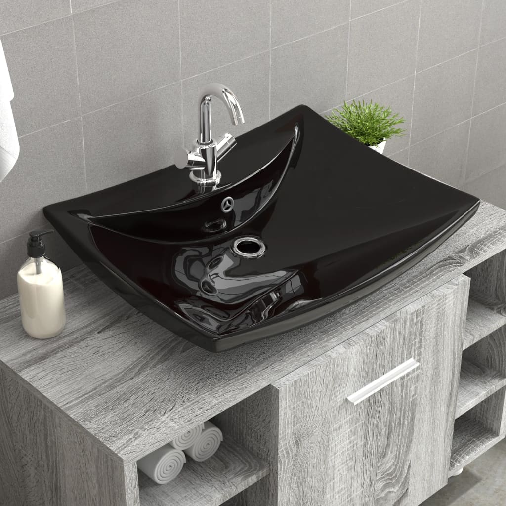 Négyszögletes luxus kerámia mosdókagyló túlfolyóval és lyukkal csaphoz fekete