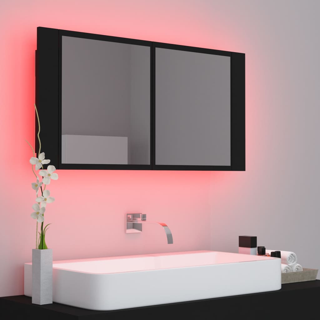 vidaXL fekete akril LED-es fürdőszobaszekrény tükörrel 90x12x45 cm