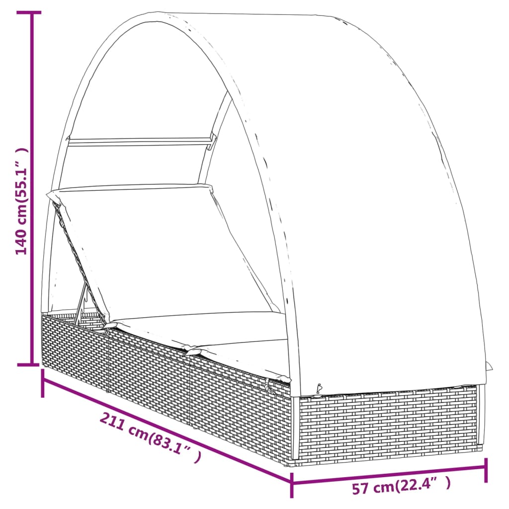 vidaXL szürke polyrattan napágy kerek tetővel 211 x 57 x 140 cm