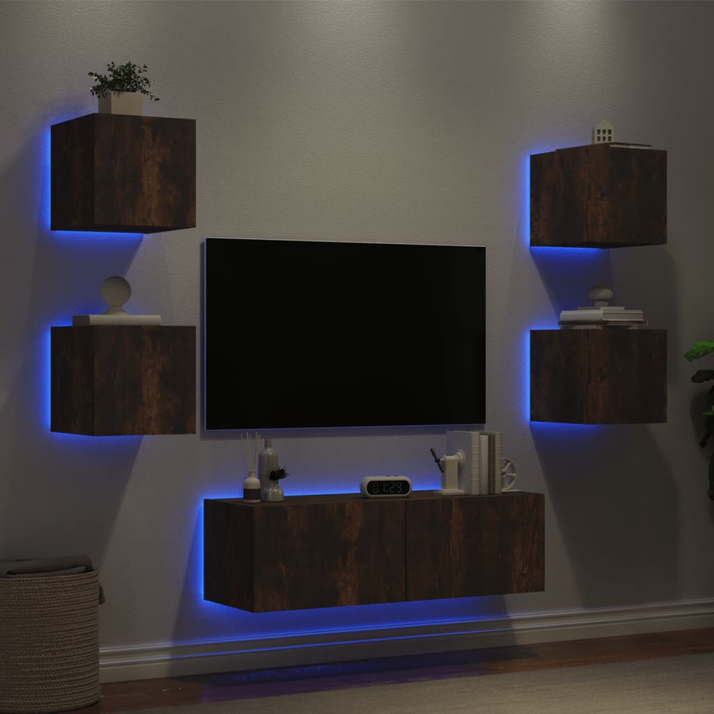 vidaXL 5 darab füstölt tölgyszínű falra szerelhető TV-szekrény LED-del