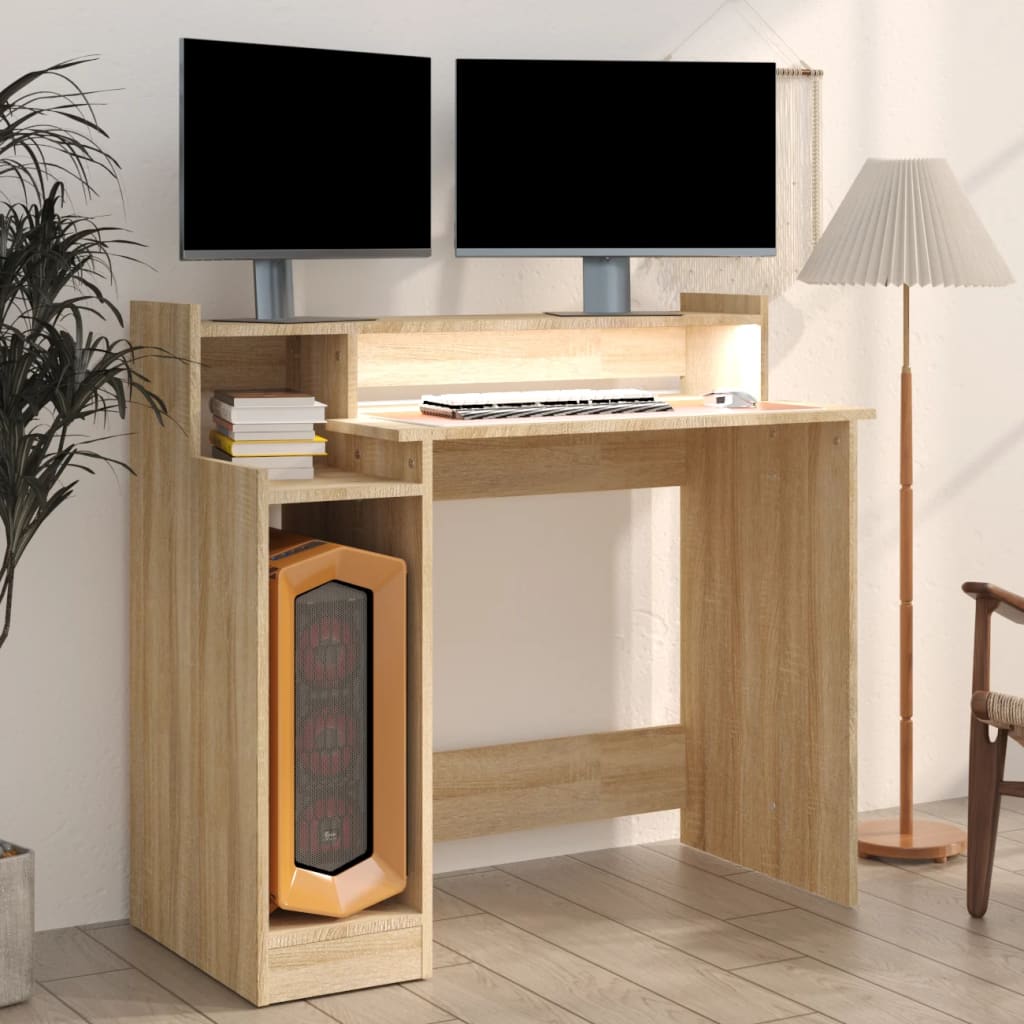 vidaXL sonoma-tölgyszínű szerelt fa íróasztal LED-ekkel 97x45x90 cm